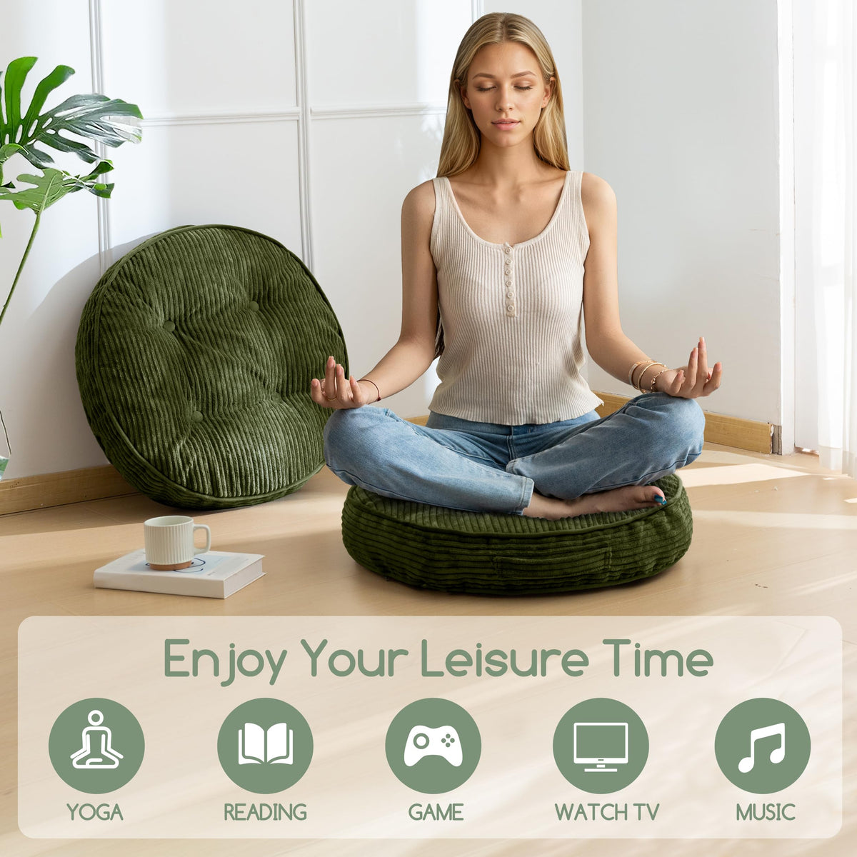 Floor Pillow Cushion for Adults (Round Dark Green / 4" Thick(Pack of 2))