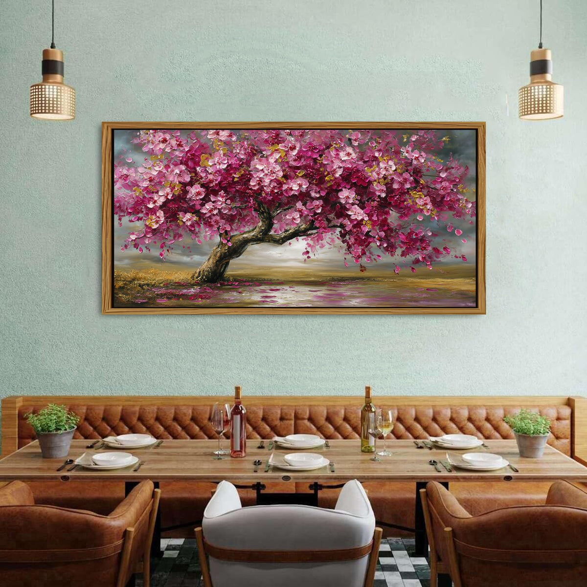 Abstract Tree Framed Wall Art Colorful Daisy Floral Wall Decor Nature Trees Botanical Painting Canvas Prints Rustic Farmhouse Pictures Posters Modern Artwork for Bedroom Living Room Decorations 30x57.8" (30"L x 57.8"W / Pink Tree)