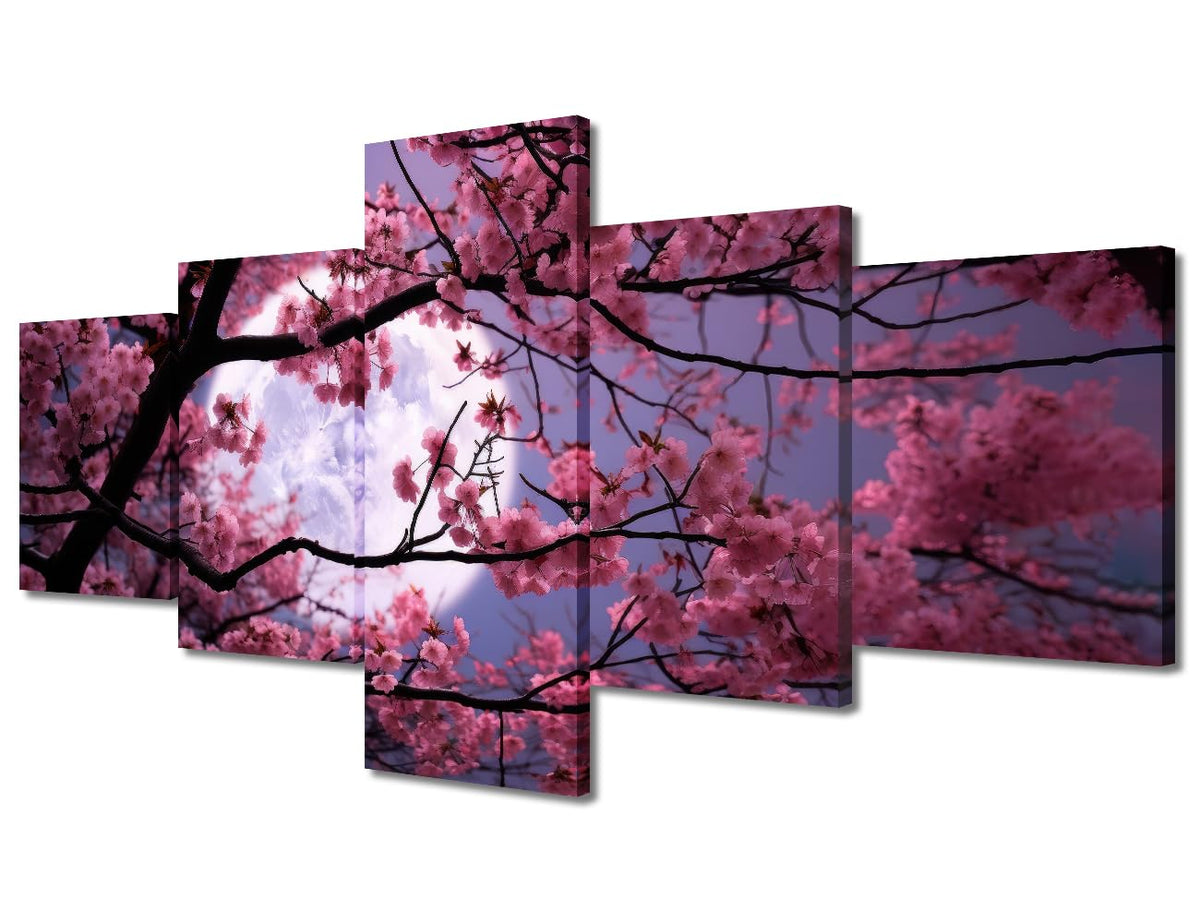 Canvas Wall Art Tranquil Cherry Blossom Morning With Pink Flowers Five Panel Framed Painting Spring Floral Decor Living Room Wall Art Ready To Hang 50"Wx24"H‌ (50''Wx24''H / Artwork-04)