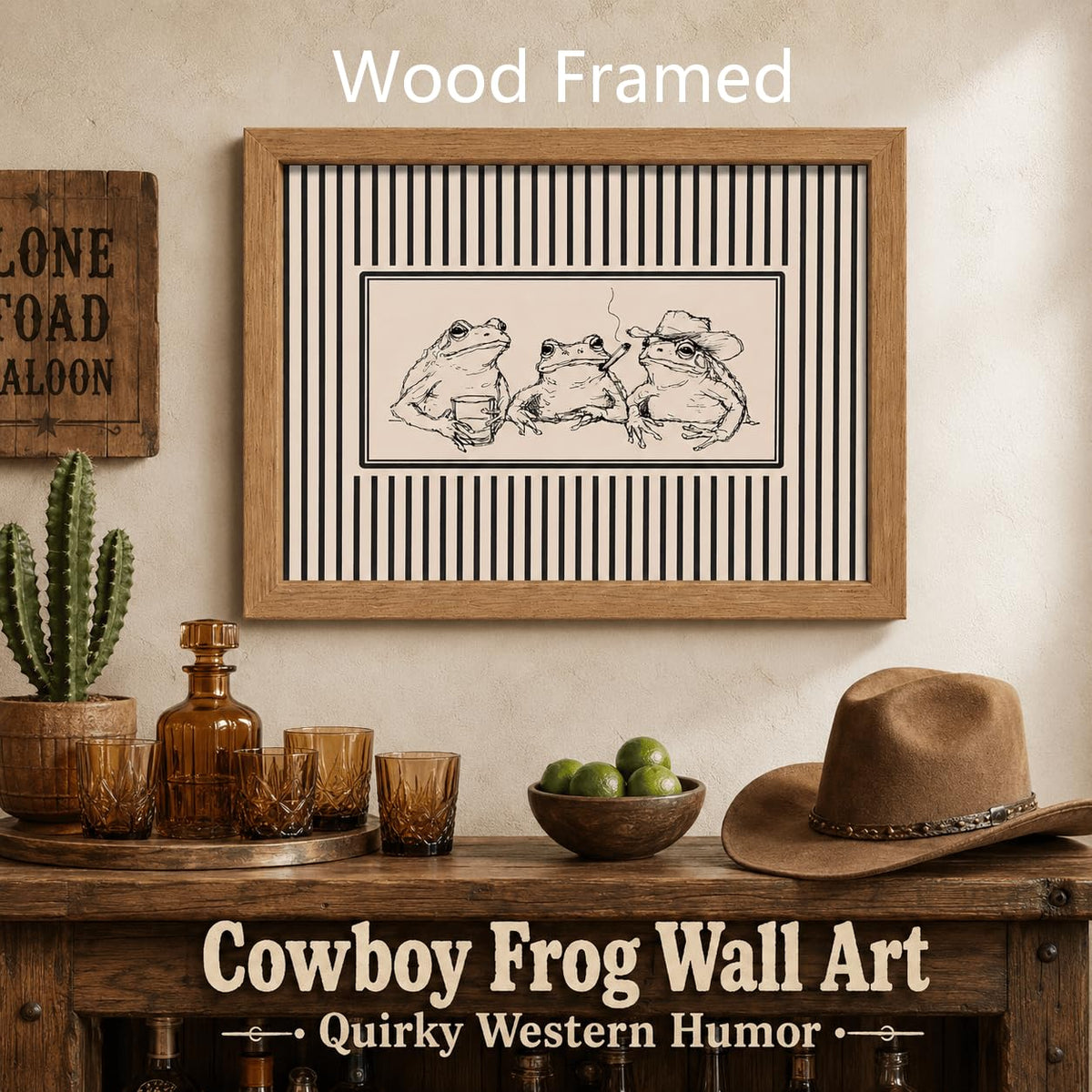 Vintage Western Cowboy Frog Framed Wall Art (Three frogs / 10"L x 8"W)