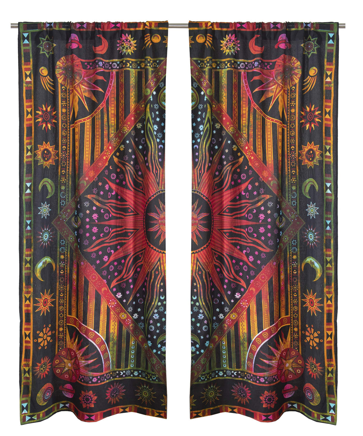 100 Inch Length 2 Panels Set Indian Burning Sun Hippie Mandala Window Curtains (42"W x 100"L (Pack of 2) / Golden Tie Dye)
