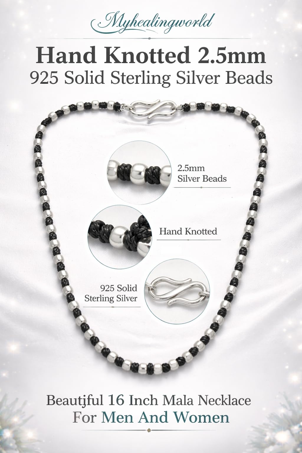 Hand Knotted 2.5mm 92.5 Sterling Silver Beads Beautiful Mala Necklace for Men and Women (925 Silver Beads)