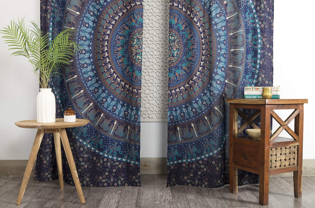Indian Hippie Bohemian Beautiful Elephant Blue Color Mandala Curtain Panels (25"W x 74"L (Pack of 2) / Blue Tarquoise)