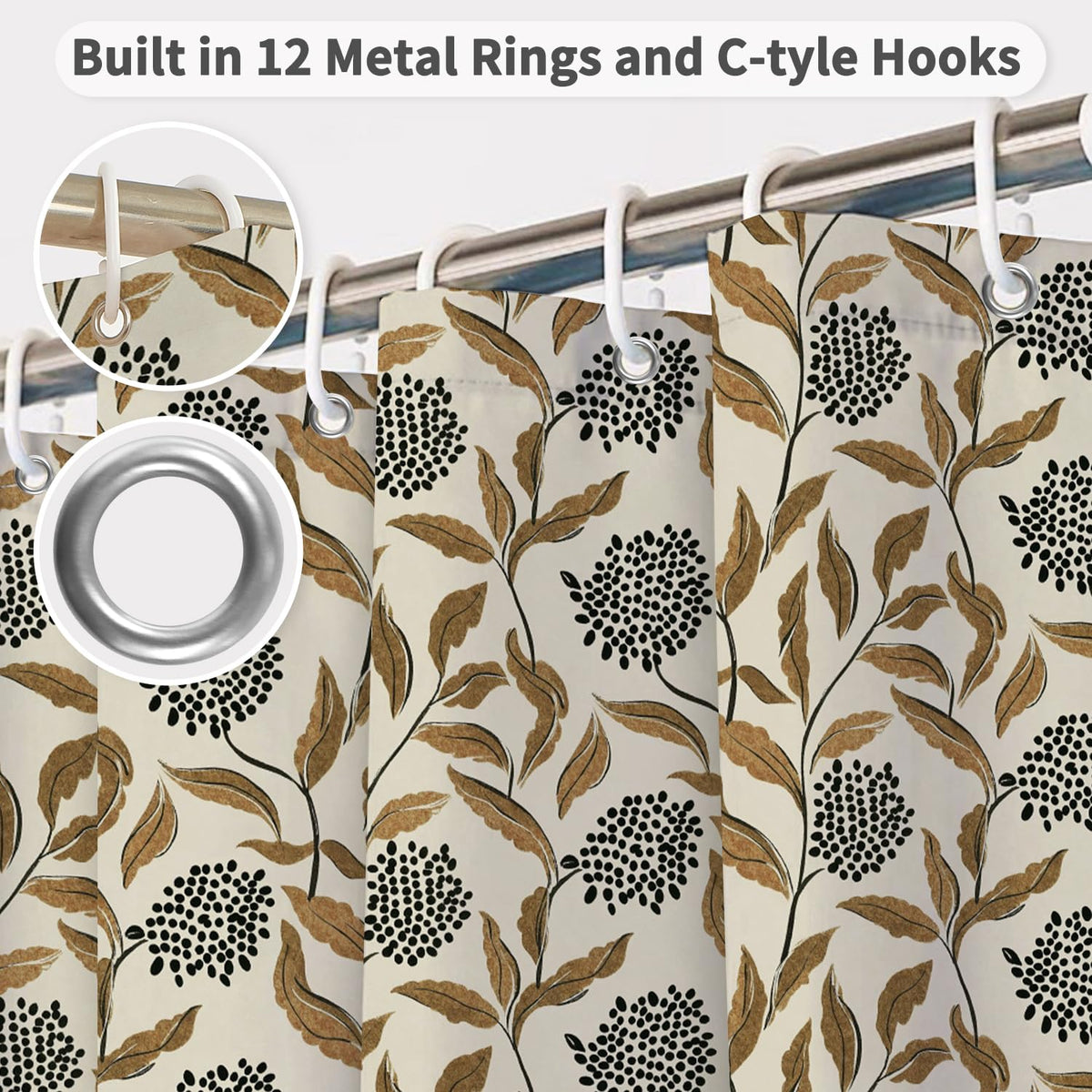 Vintage Botanical Shower Curtain with Hooks (Boho Botanical)