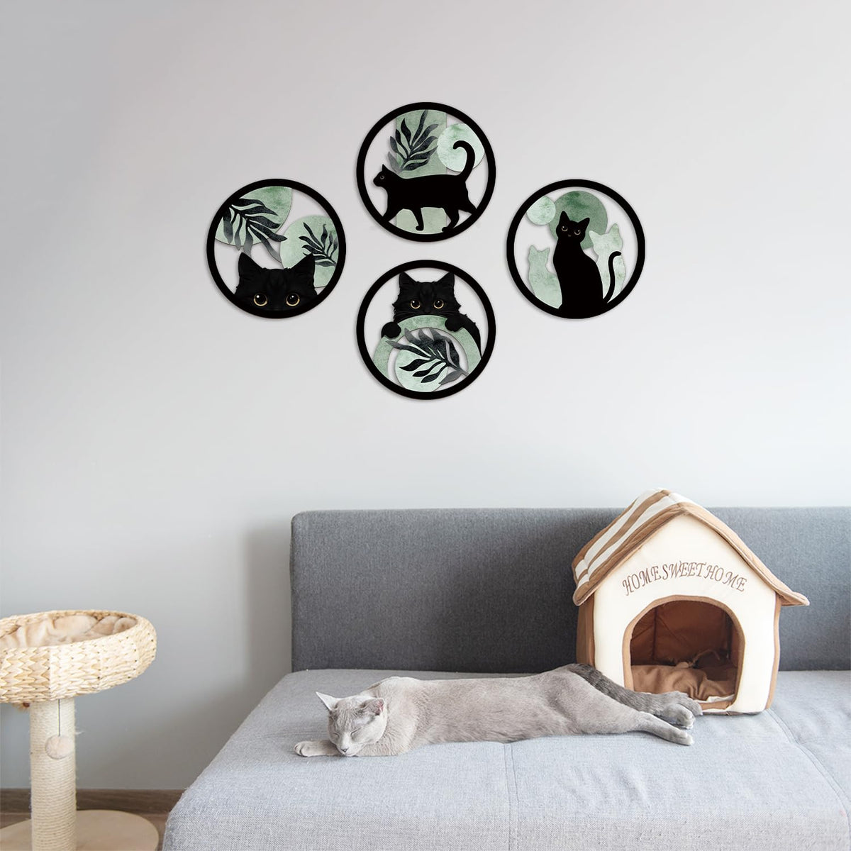 Boho Black Cat Wooden Wall Art Sage Green Cats Round Wall Decor (4pcs Sage Black Cat Wall Art)