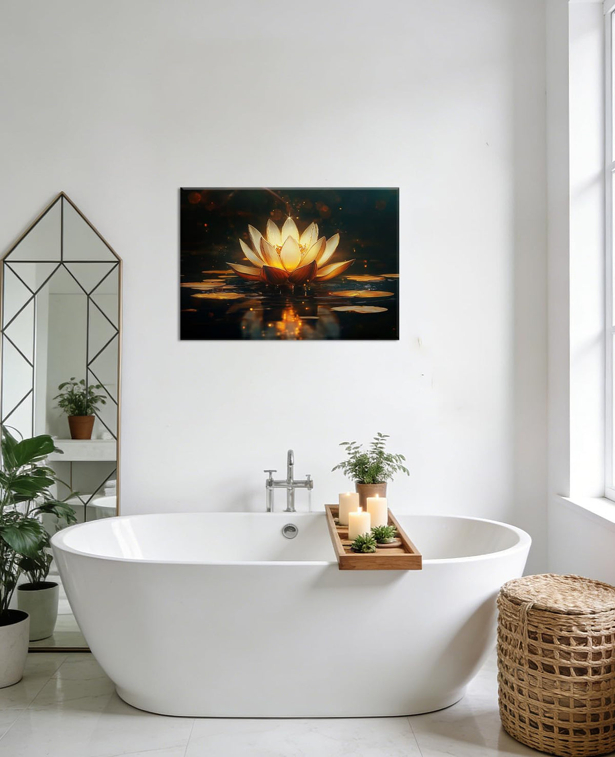 Large Gold Lotus Wall Art Pink Water Lily Picture Canvas Prints Flower Painting Zen Artwork Bathroom Living Room Home Office Decor Framed (48"L x 32"W / Gold)