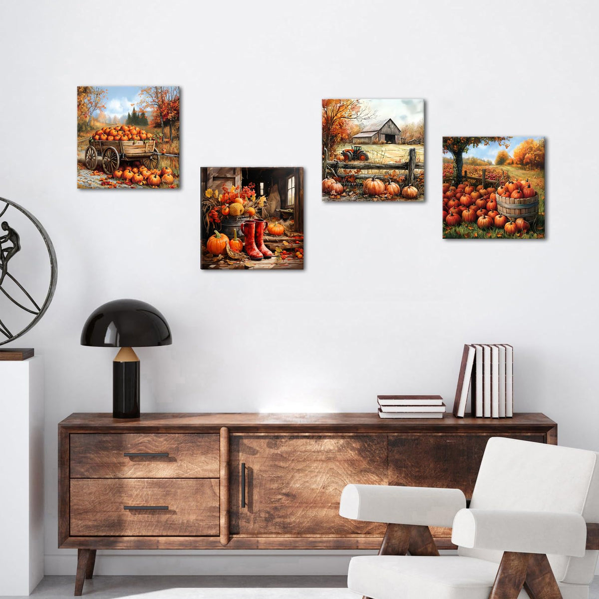 Vintage Fall Themed Farm Landscape Wall Art for Kitchen Farmhouse Pumpkin Field Poster Canvas Prints Country Old Barn Truck Maple Leaves Pictures Framed Artwork Living Room Home Decorations 16x16 4P (16"L x 16"W / Vintage Pumpkin)