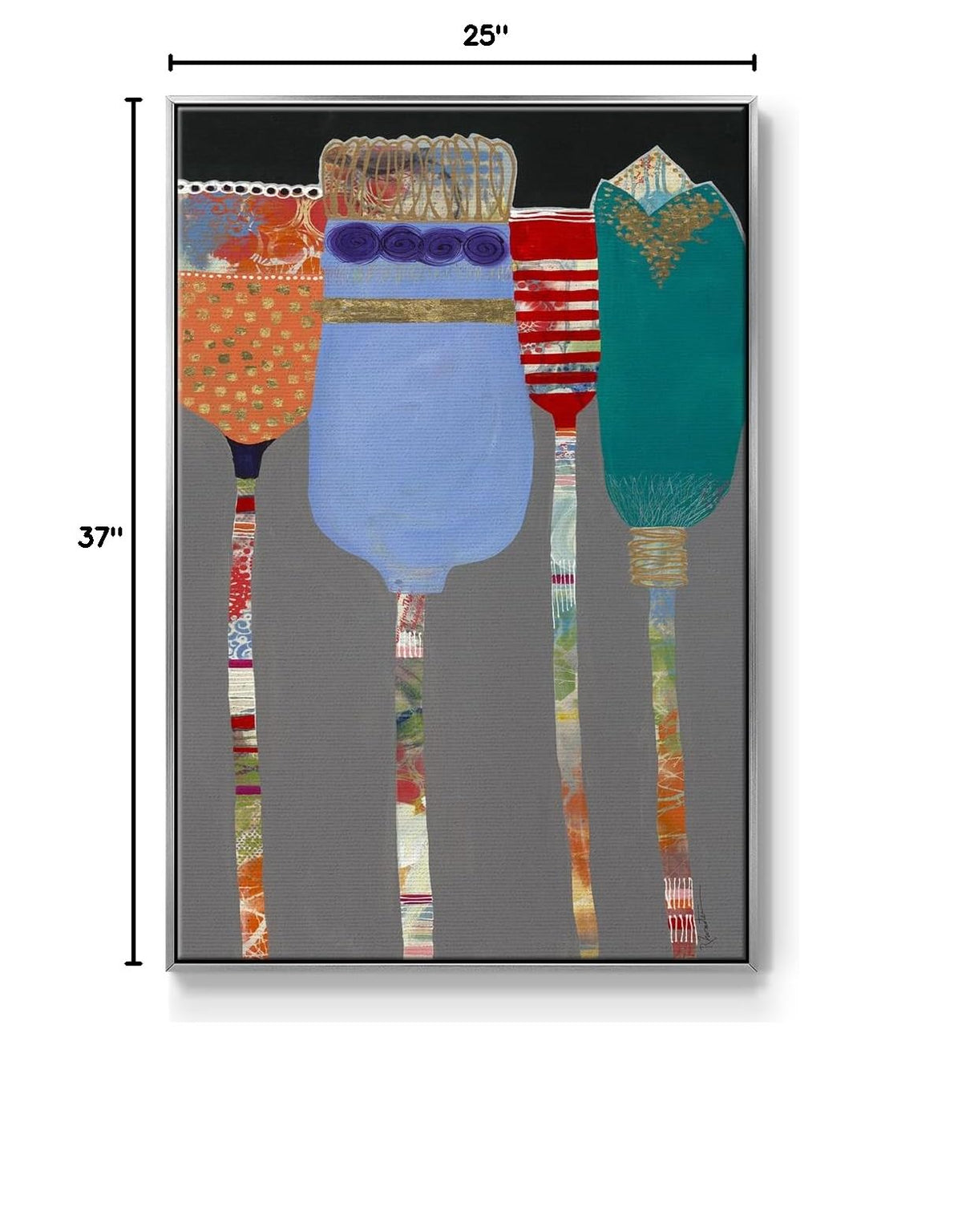 Abstract Floral Wall Art Hanging Paintings Tall Vibrant Color Tulips Flower Canvas Silver Floater Frame Artwork Prints for Office Bedroom Kitchen Walls (37"L x 25"W / Tall Tulips)