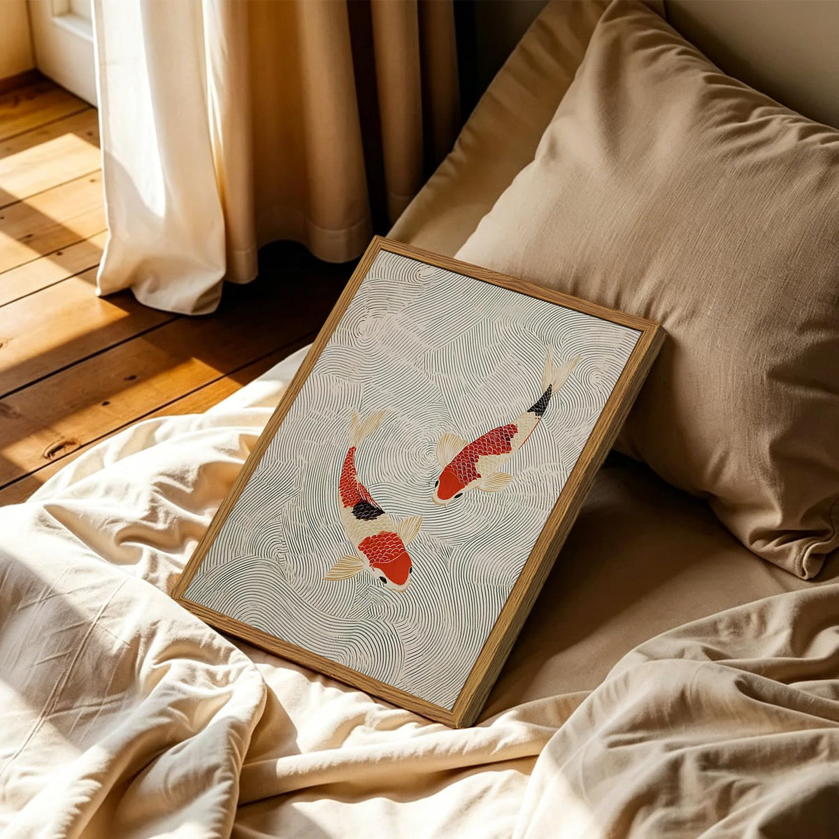 Framed Japanese Wall Art (Red and cream koi / 10"L x 8"W)