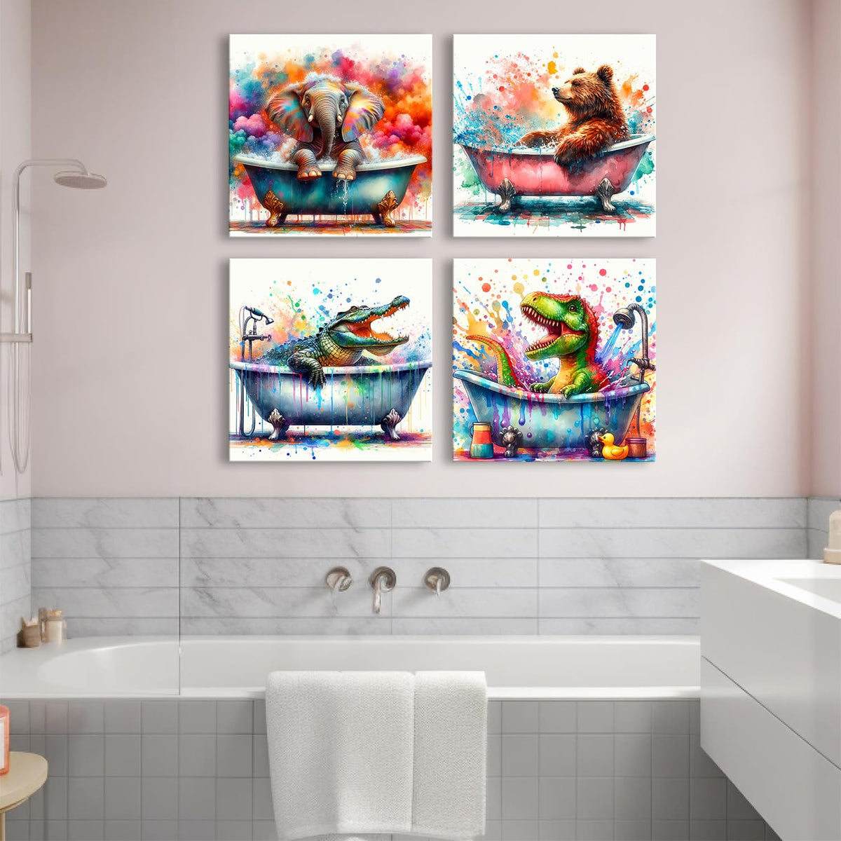 Funny Animal Bathroom Wall Art Colorful Elephant Bear Canvas Pictures Nursery Bathroom Wall Decor Creative Dinosaur Crocodile Baby Animals in Bathtub Posters 20x20" 4P (20"L x 20"W / Wildlife)