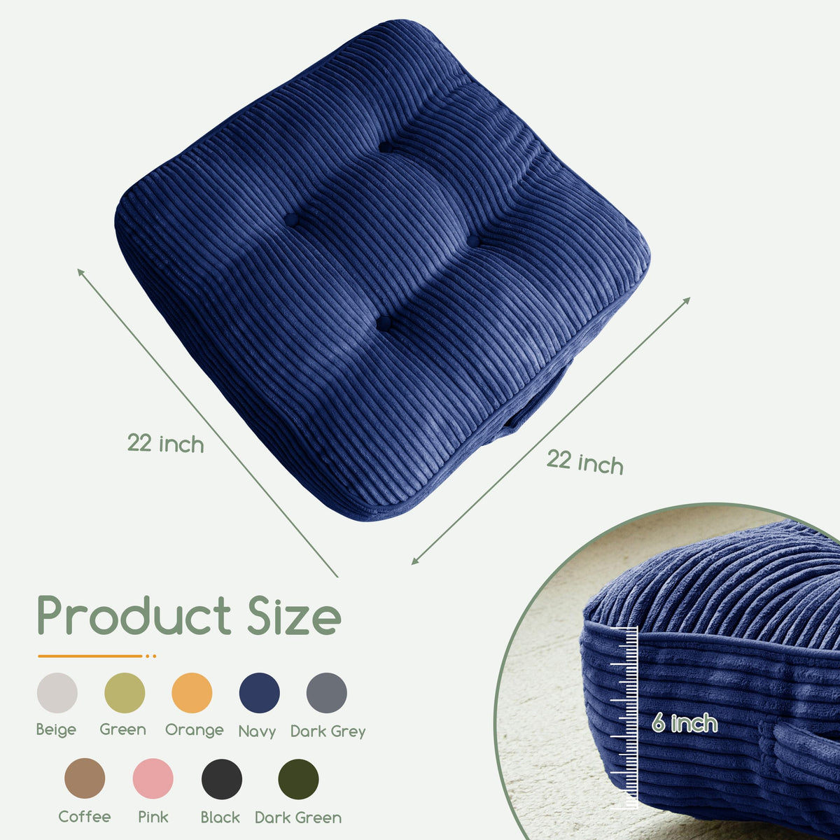 6" Extra Thick Floor Pillow Cushion for Adults (Square Navy / 6" Thick(Pack of 2))