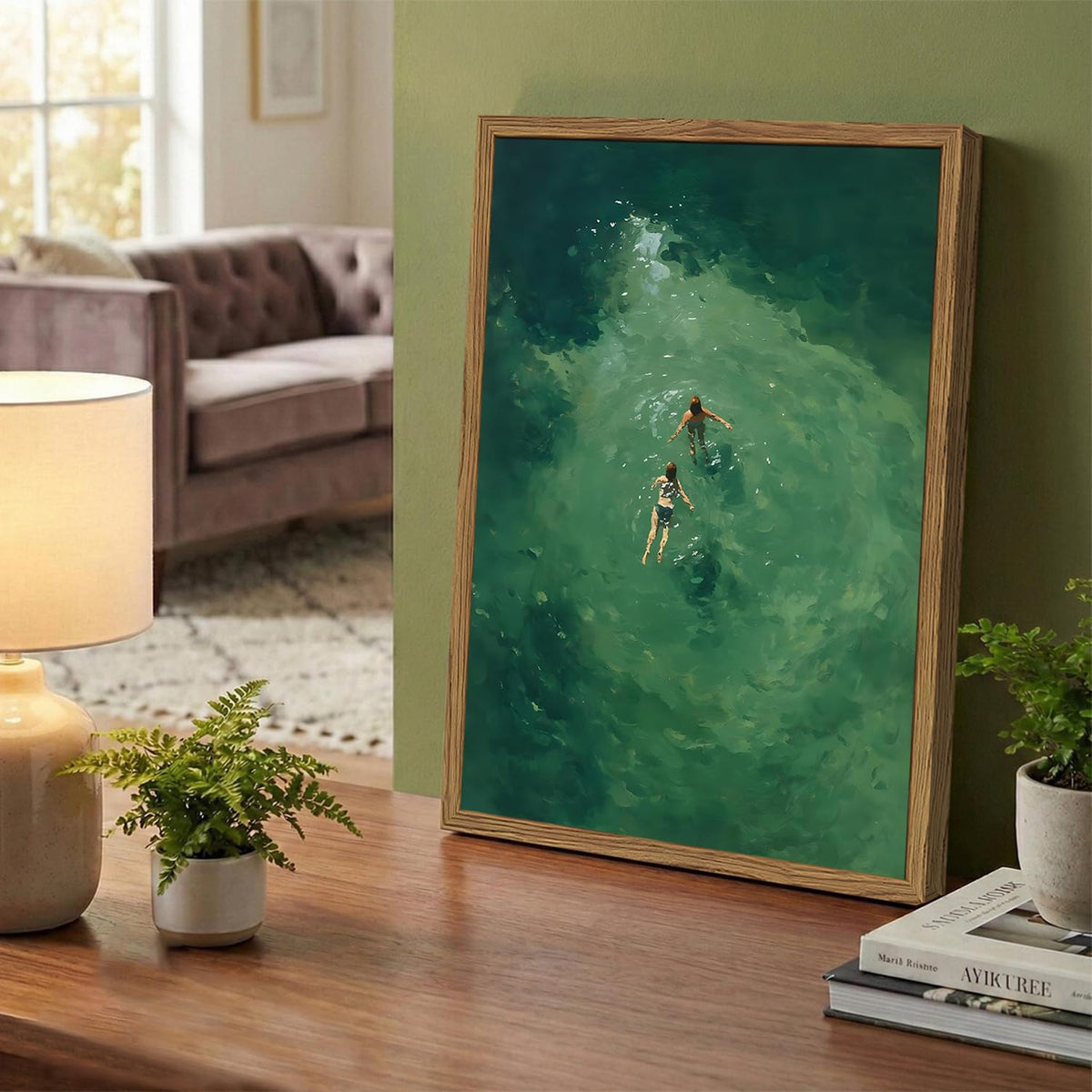 Framed Abstract Ocean Wall Art (Green Swimming / 16"L x 12"W)