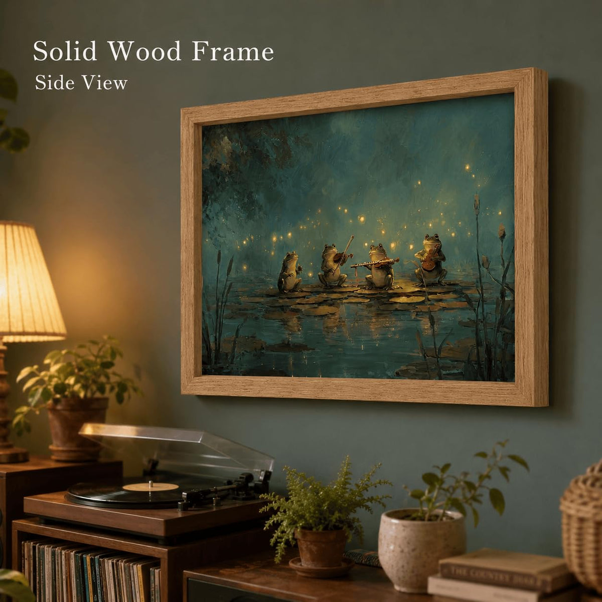 Frog Lily Pad Orchestra Framed Wall Art (Four frogs / 24"L x 16"W)