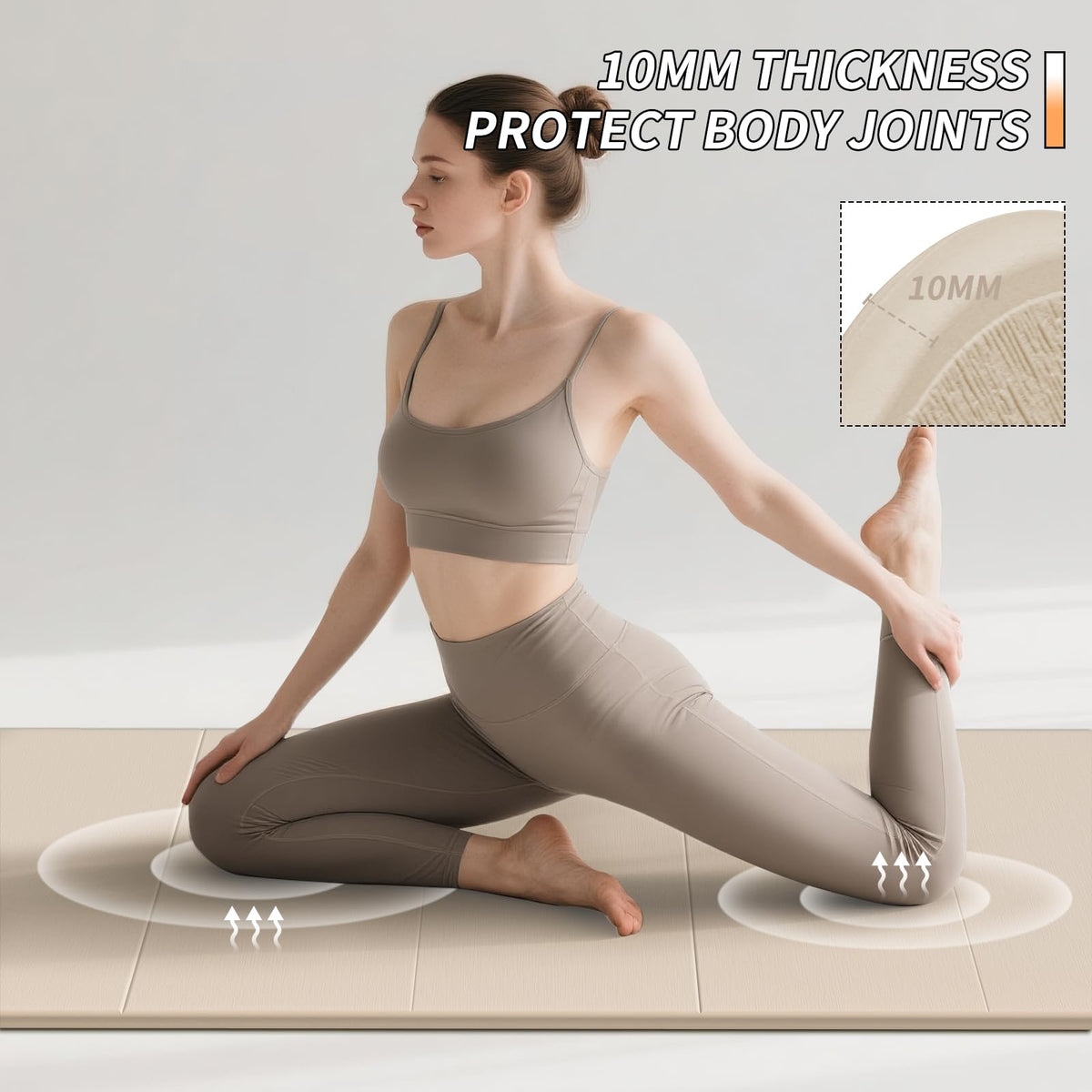 Foldable Yoga Mat 10MM Thick SGS Certified TPE 75x26" Portable (Beige+Dark Gray)