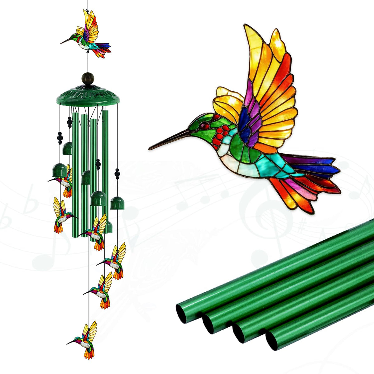 Hummingbird Wind Chimes for Outside (35"Green hummingbird)