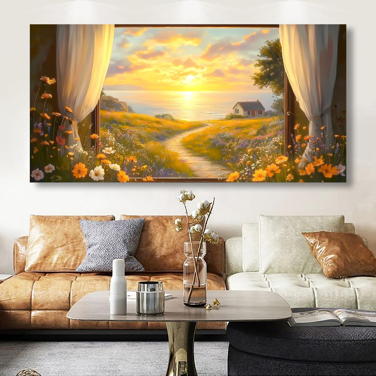 Sun Windows Flowers Pictures Canvas Wall Art for Living room Office Bedroom Wall Decor Abstract Wall Art Print Pink Flowers Oil Painting Artwork Ready to Hang (40"L x 20"W / Sun Windows Flowers)