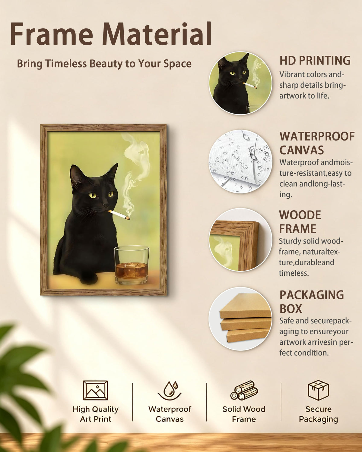Funny Black Cat Framed Canvas Wall Art (A-Black Cat Smoking / 24"L x 16"W)