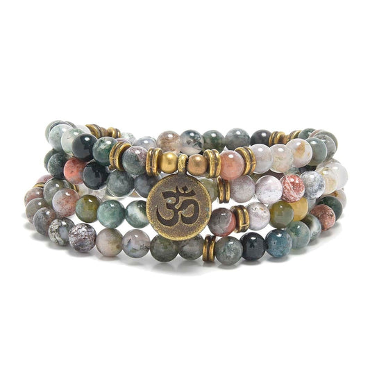 108 Mala Beads Bracelet with om Charm (Indian Agate)