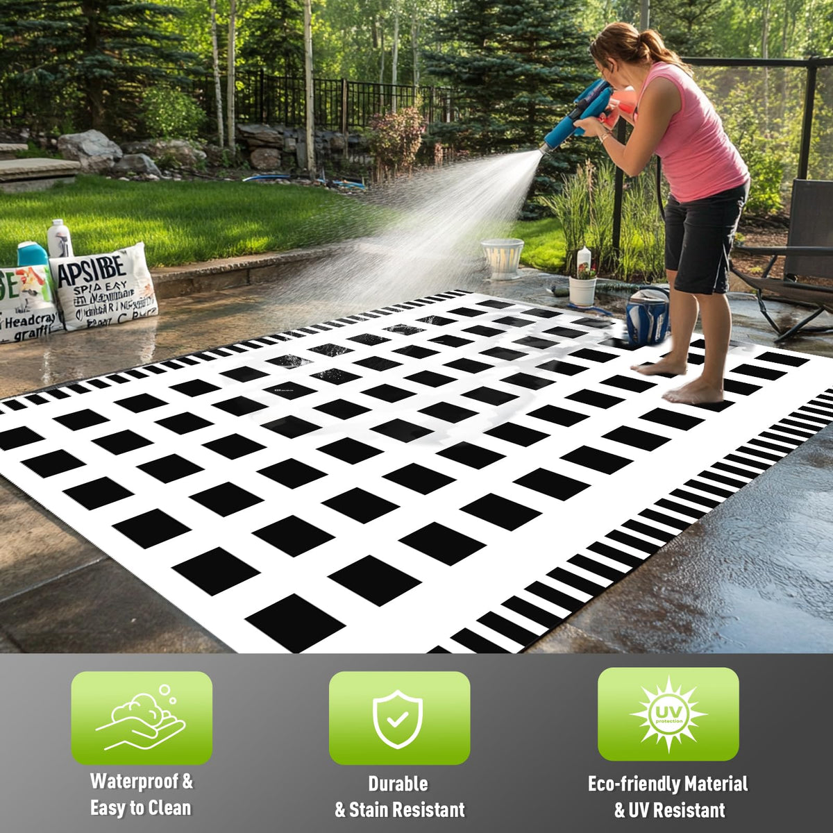 Checkered Reversible Outdoor Rug 4x6 FT Black White Patio RV Backyard (Horizontal Edge Check / 4x6 Feet)