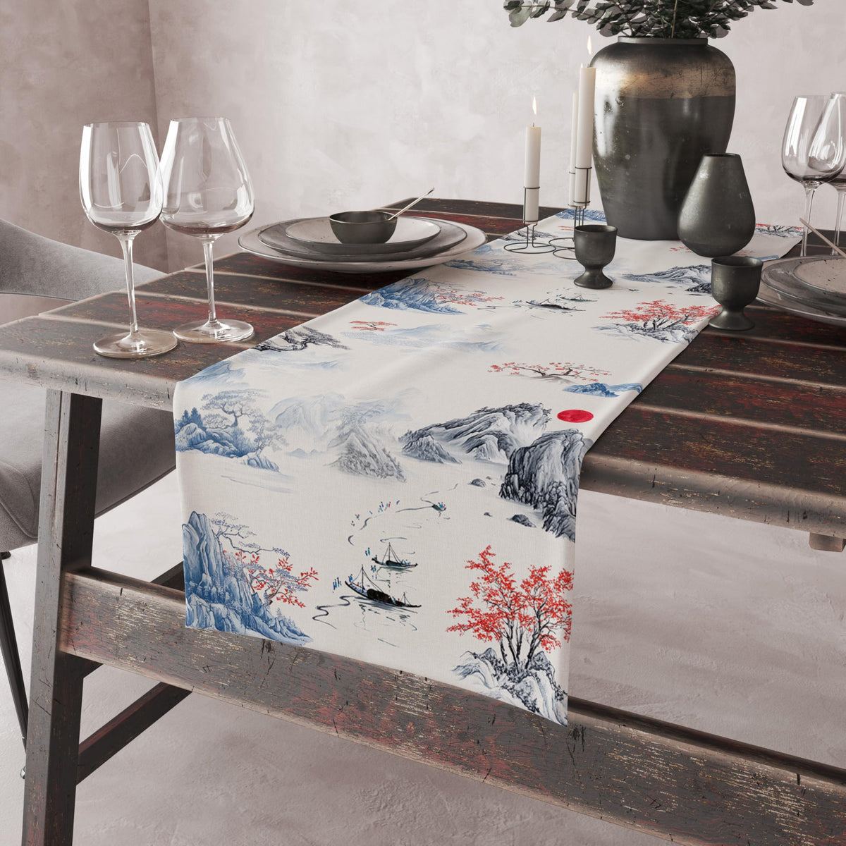 Chinese Ink Mountain Table Runner (13x90inch / Blue Mountain Boat)
