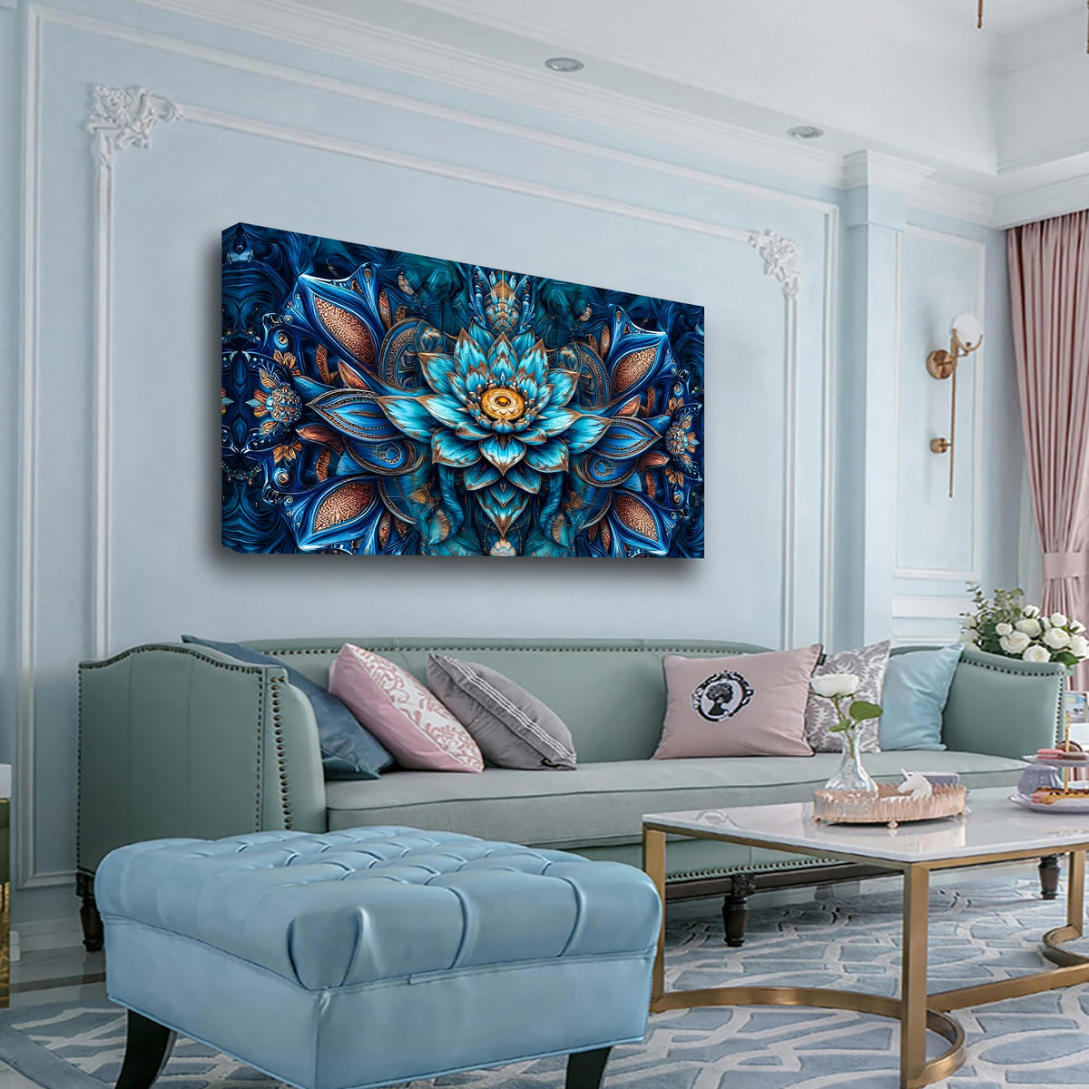 Blue Abstract Wall Art Bedroom Wall Decor Living Room (40"L x 20"W / Country House)