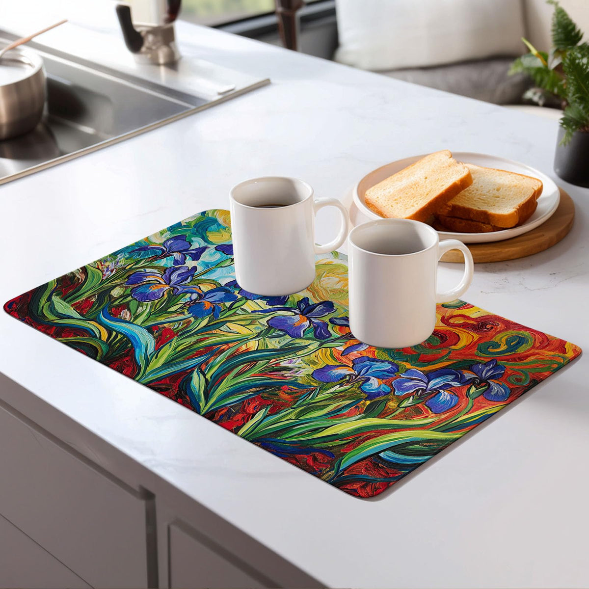 watercolor Flowers Dish Drying Mat for Kitchen Counter Microfiber Super Absorbent Non (Iris Flowers)