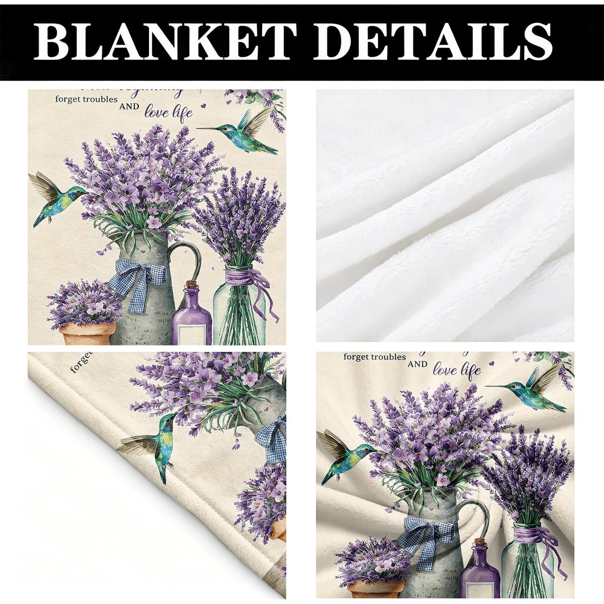 Lavender Fleece Blanket Hummingbird Floral Blanket Gift Room Decor 50"x60" (Lavender / 50"X60")