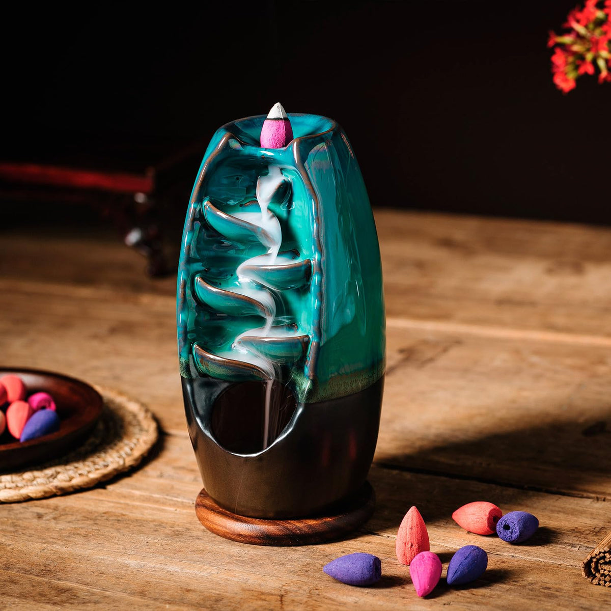 Ceramic Incense Burner with 100 Upgraded Cones (Cyan)