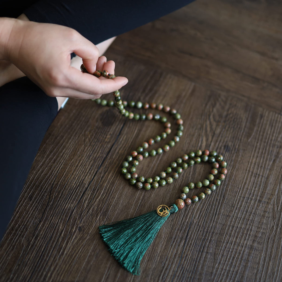 OM Charm Hand Knotted Tassel Unakite Stone 108 Mala Beads Necklace 8mm (8mm / Faceted Unakite)