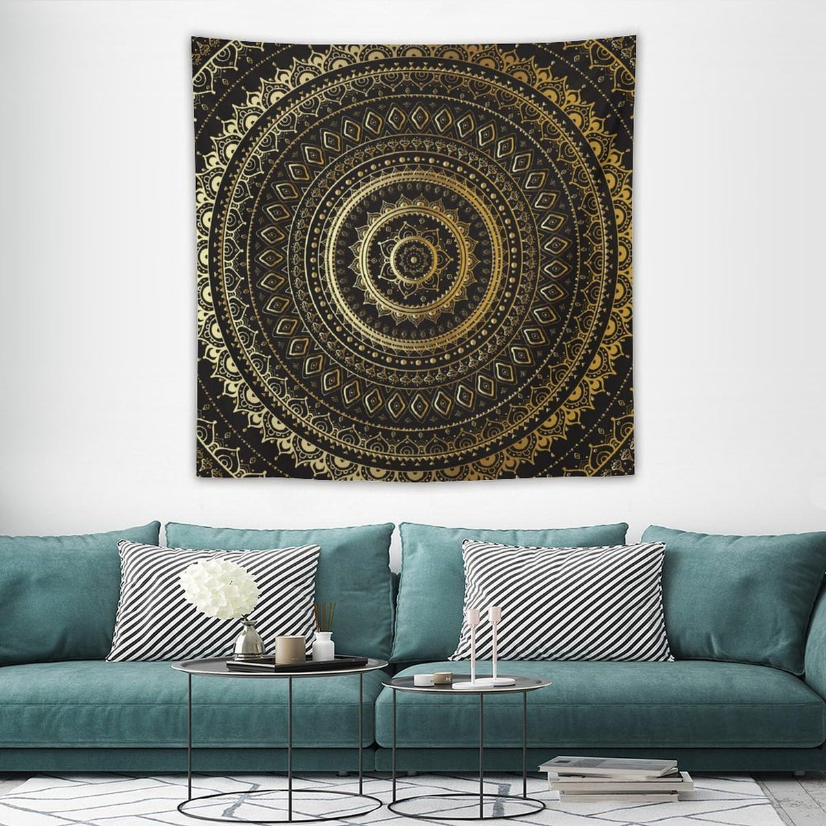Black Gold Mandala Tapestry Wall Hanging Boho Indian Hippie Vintage Abstract Bohemian Flower Tapestries Home Decor for Living Room Bedroom Farmhouse Apartment Dorm 60"x60" (60"L x 60"W / Mandala-37)