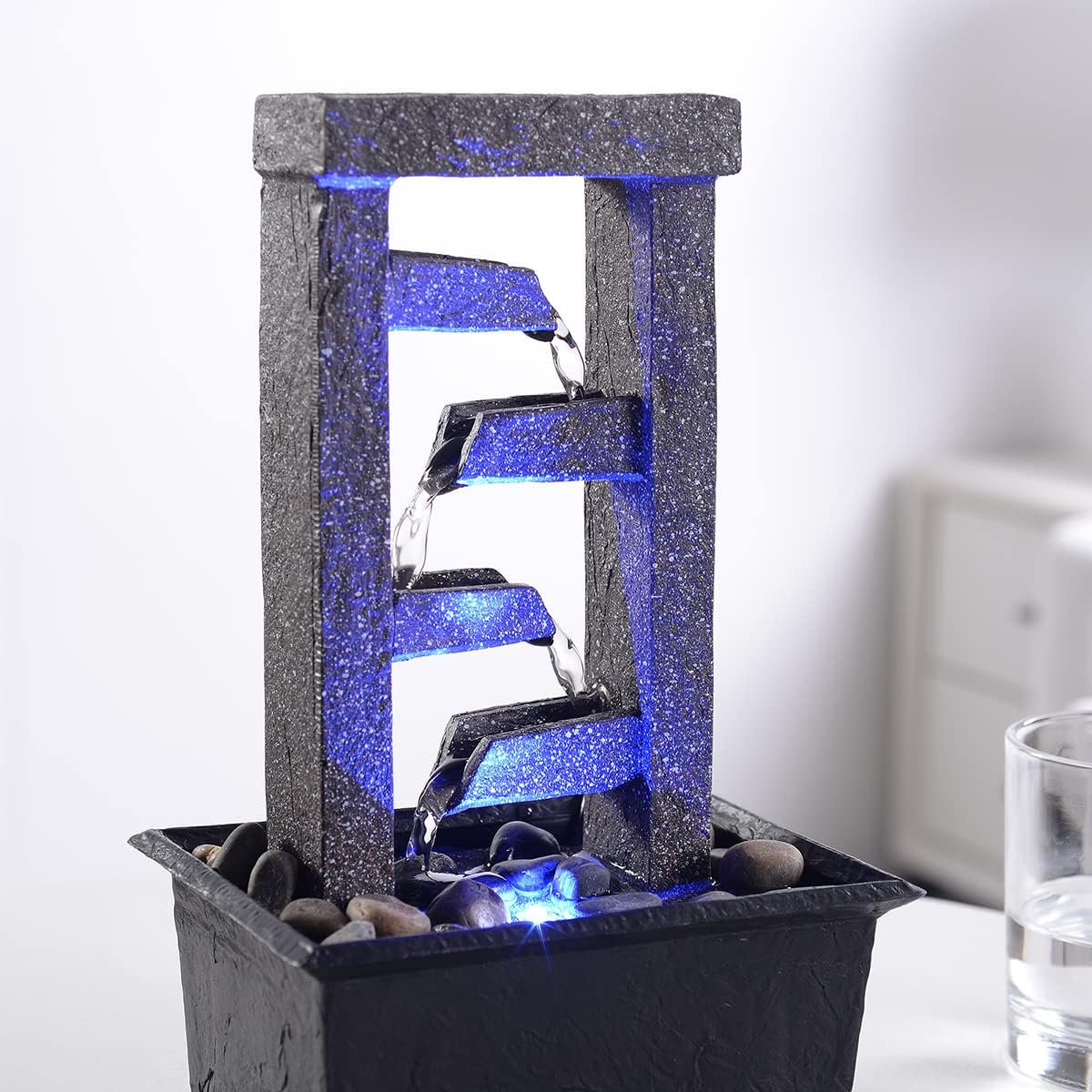 10" 4 Tier Tabletop Waterfall Fountain with Natural River Rocks (Cascading Ladder)