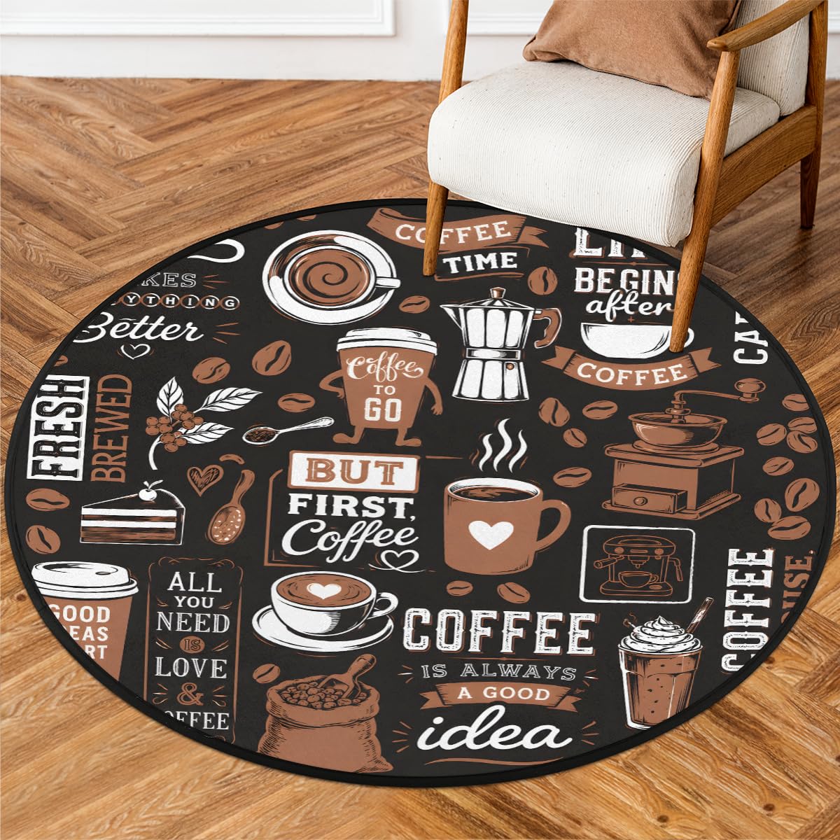 5 Ft Coffee Start Round Rug Circle Area Rugs Circular Door Mat for Indoor (A:a-4 / 5'5" (Round))