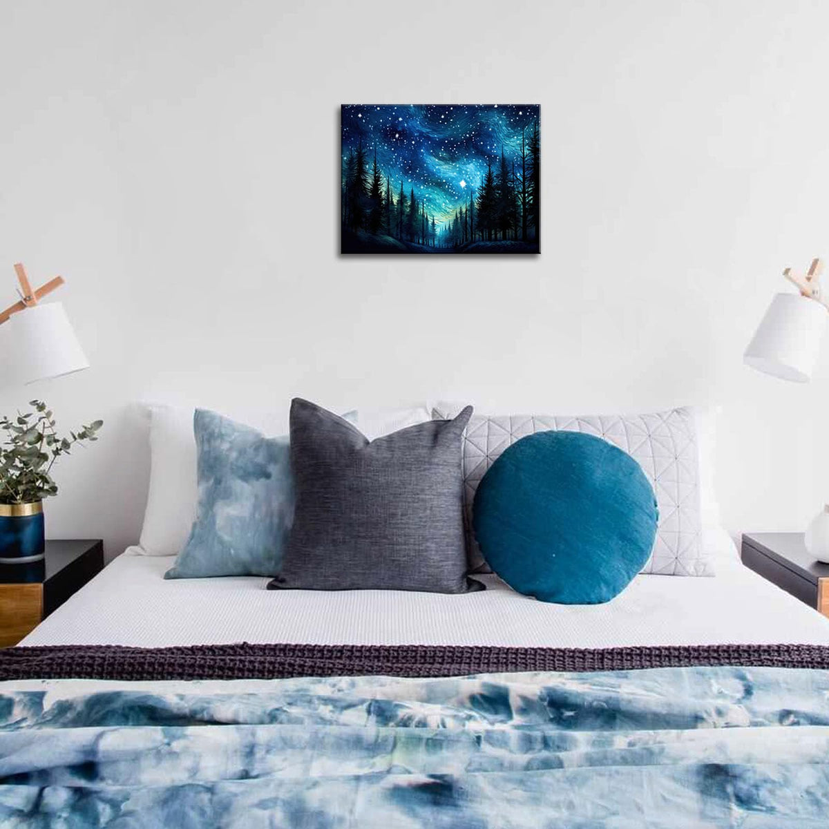 Forest Canvas Wall Art Visual Art Decor Fancy Blue Starry Night Forest Tree Framed Artwork for Bedroom Room Kitchen Bathroom Decorations 12x16inches (16"L x 12"W / Forest)