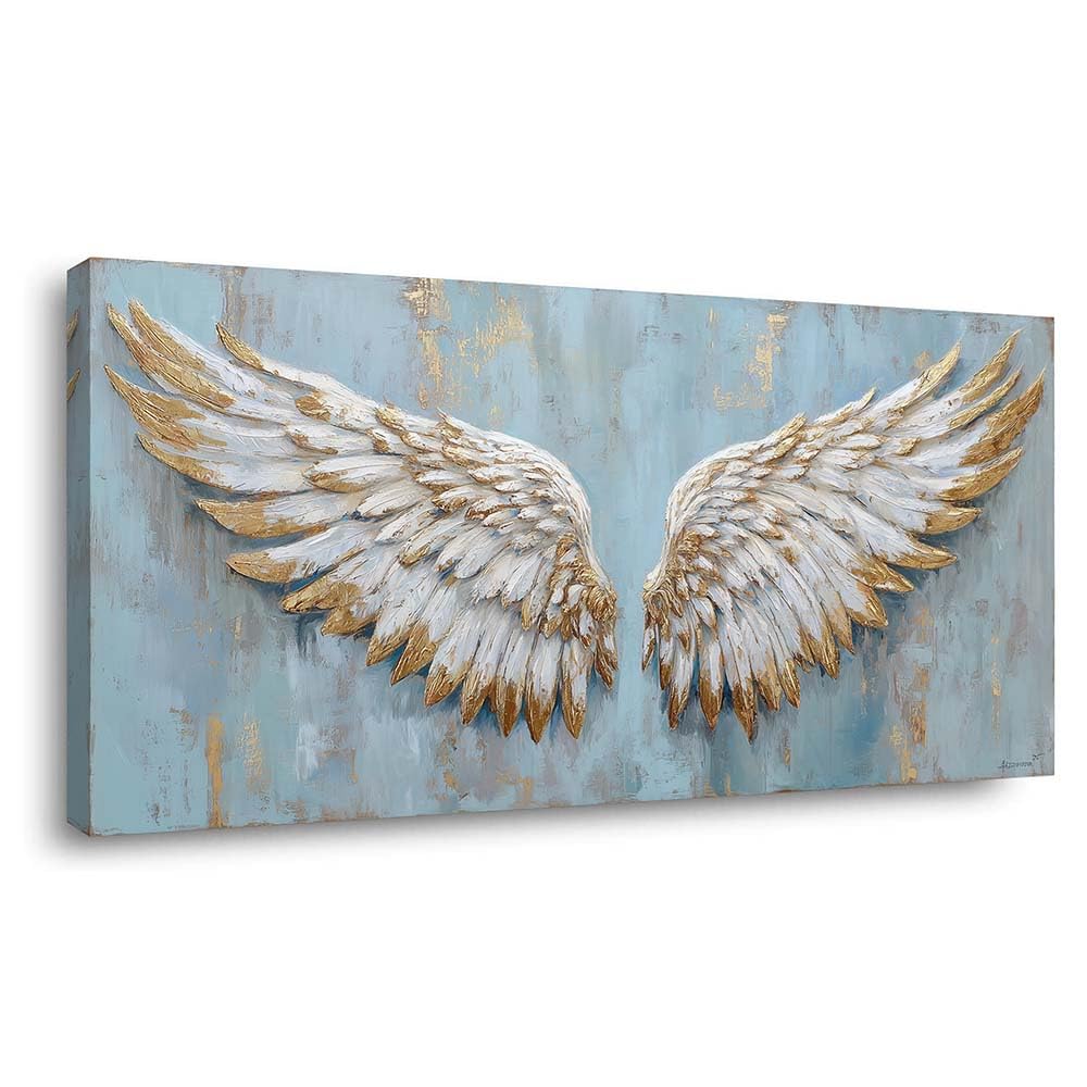 Angel Wings Canvas Wall Art Faux Gold Foil Light Blue Painting Flat Print Gallery Wrapped Spiritual Artwork for Living Room Bedroom Bathroom Decor (Retro / Angel Wings 32 / 40"L x 20"W)