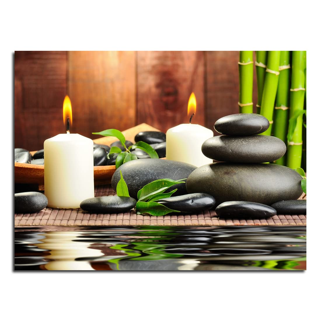 Zen Wall Art Black Stone White Candle Green Bamboo Pictures Prints 12"x16" (Zen Wall Art / 16"L x 12"W)
