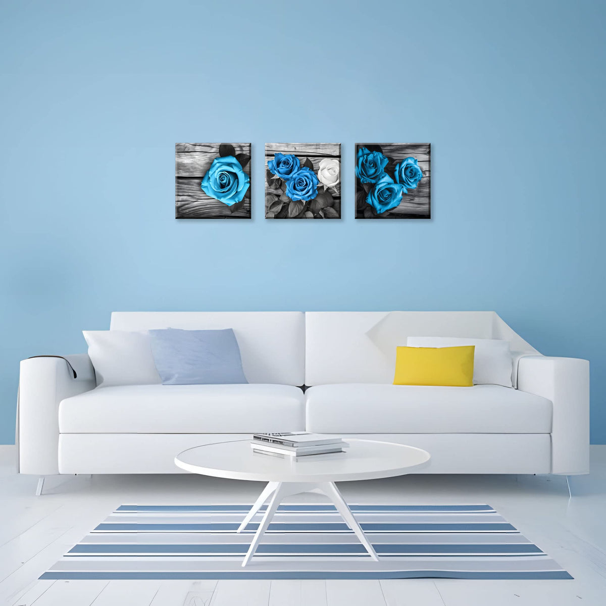 Blue Wall Decor for Living Room Blue Bathroom Accessories Black and White Canvas Wall Art Blue Rose Pictures Bedroom Decor Modern Painting Kitchen Home Decorations 20x20 3 Pcs (20 x 20 inches (3-Piece Set) / Blue Rose)