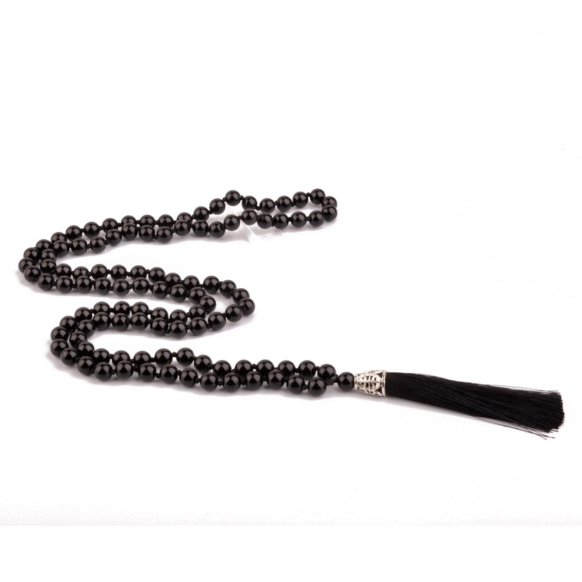 Mala Beads 108 Natural Stone GemStones Japamala Yoga Meditation Hand Knotted Beaded Tassel Necklace for Women Men (Black Agate)