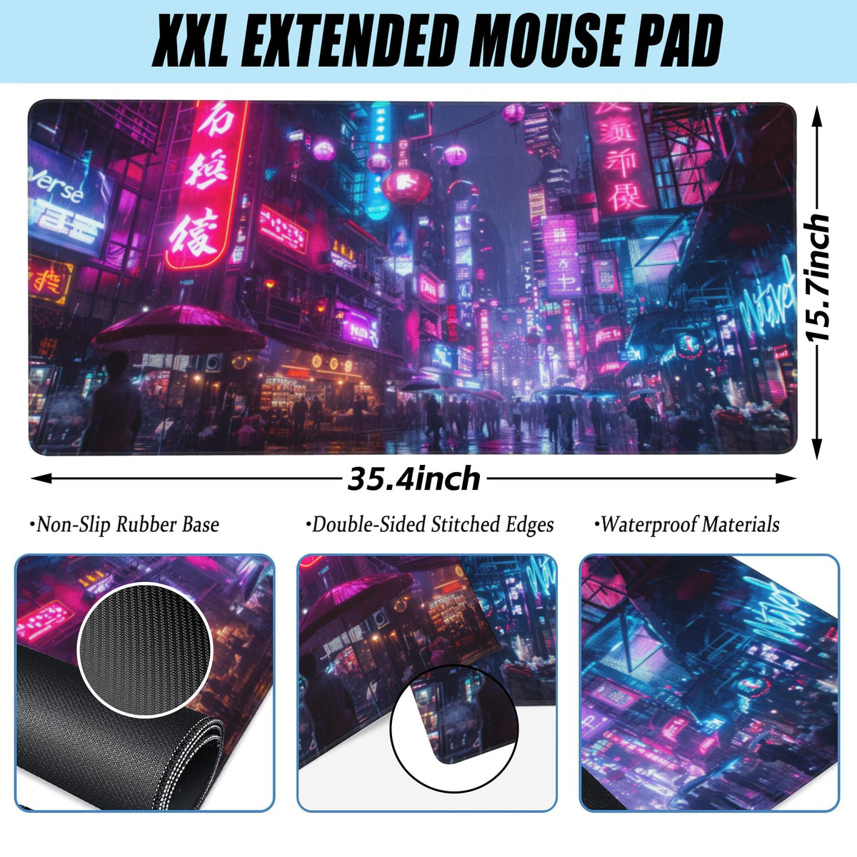 Desk Mat Cyberpunk Neon City Large Gaming Mouse Pad for Desk XXL (15.7" x 35.4" / Cyberpunk Neon City)