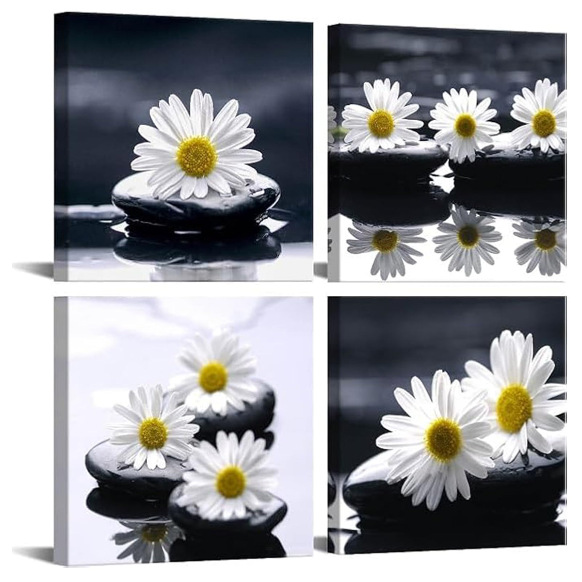 Black and White Wall Art Zen Décor Canvas Print Daisy Poster Painting Flower Stone Picture Meditation Artwork for Bathroom Decoration Dining Wall Art Bedroom Living Room Decor Office Framed (AzeDa5bw / 12"L x 12"W x 4 pcs)