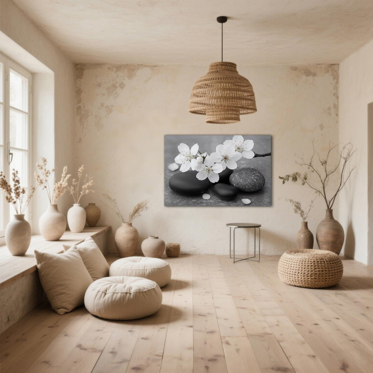Zen Stones Canvas Wall Art Black and White Spiritual Painting Framed Artwork Poster for Yoga Meditation Room Spa Bathroom Decor (WE000050-2 / 24"L x 16"W)