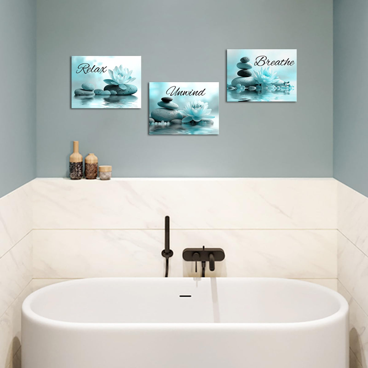Zen Spa Wall Decor Teal Bathroom Art Pictures Set Relax Unwind Breathe Canvas Art with Lotus Flower Painting Prints Framed 12x16 inches each panel (Teal)