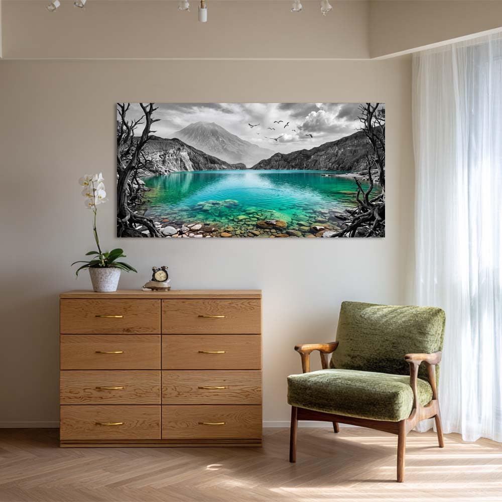 Black and White Mountain Canvas Wall Art Colorful Tropical Floral Lake Landscape Painting Flat Print Gallery Wrapped Artwork for Living Room Bedroom Bathroom Decor (Mysterious / Black Mountain Lake 19 / 46"L x 23"W)