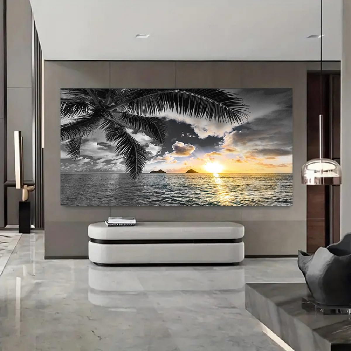 Wall Decor Bedroom Black and White Beach Wall Art Palm Sunset Seascape Pictures Wall Art Living Room Canvas Prints Art Ocean Room Decor Poster Painting Home Office Decoration Scenery Artwork (beach HB / 48"L x 24"W)