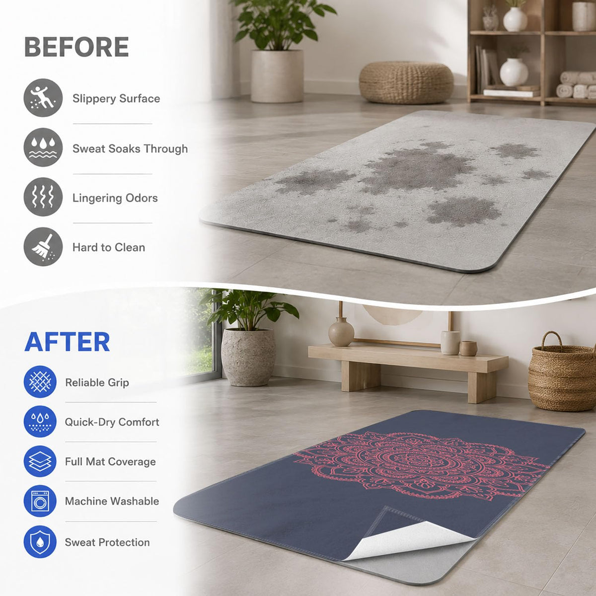Yoga Mat Towel (Blue Flower-05 / Small)
