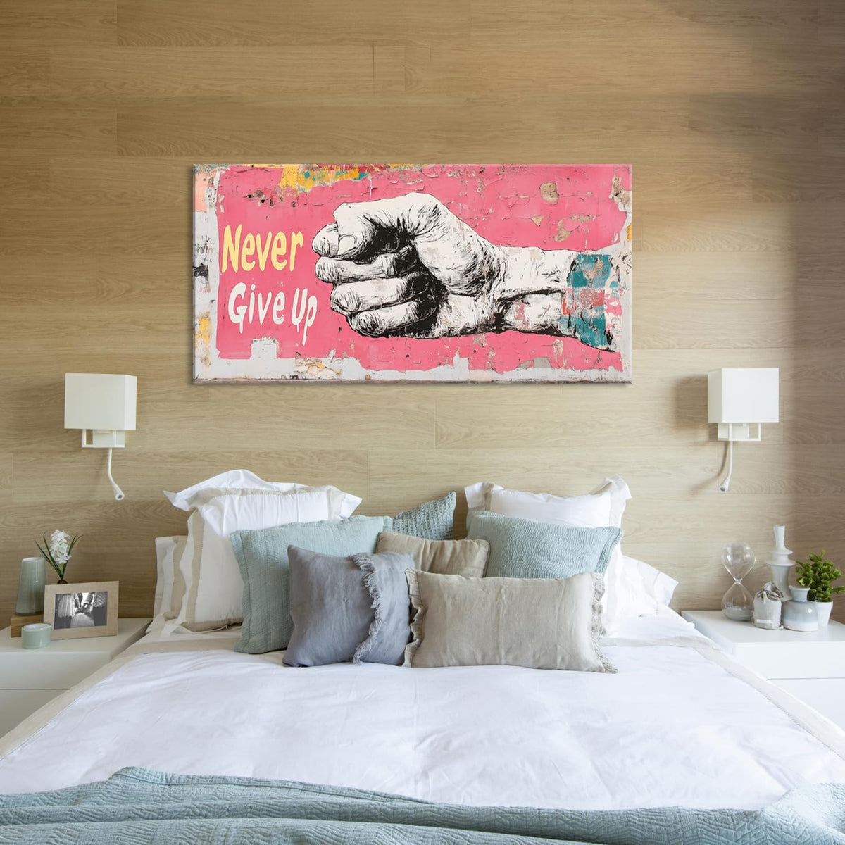 Pink Street Art Never Give Up Wall Art for Living Room Office Urban Motivation Graffiti Mural Painting Prints Inspirational Canvas Artwork Dining Bedroom Decor Extra Large (Abstract / Pink White Never Give Up Wall Art / 58L" x 28W")