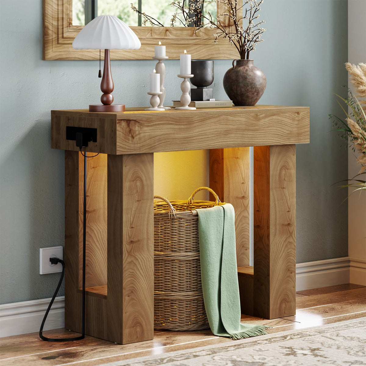 39" Entry Table with Sensor Light & AC Outlets with USB (Natural Oak / 39IN)