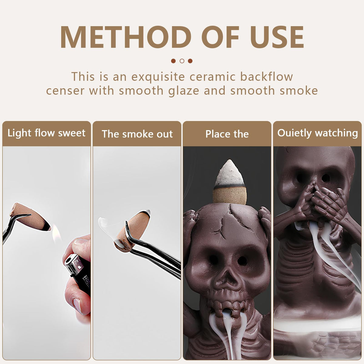 Backflow Incense Burner Skull Decor Incense Stick Holder Reverse Flow Censer Incense Waterfall Burner + Backflow Incense Cones (Set of 3)