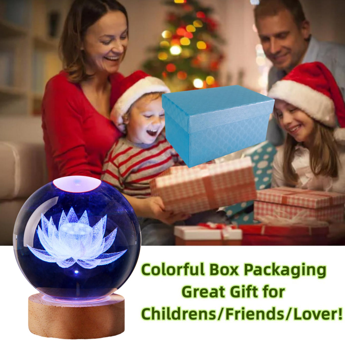 Large Lotus Crystal Ball Night Light with Woodern Base (love)