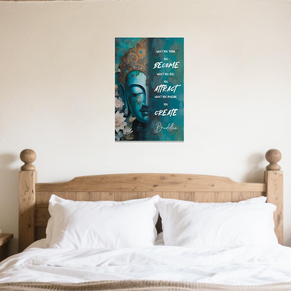 Buddhist Motivational Wall Art Buddha Quotes Canvas Pictures Zen Bathroom Painting Spa Artwork Prints for Yoga Room Office Decor Framed (Teal / 12" x 18")