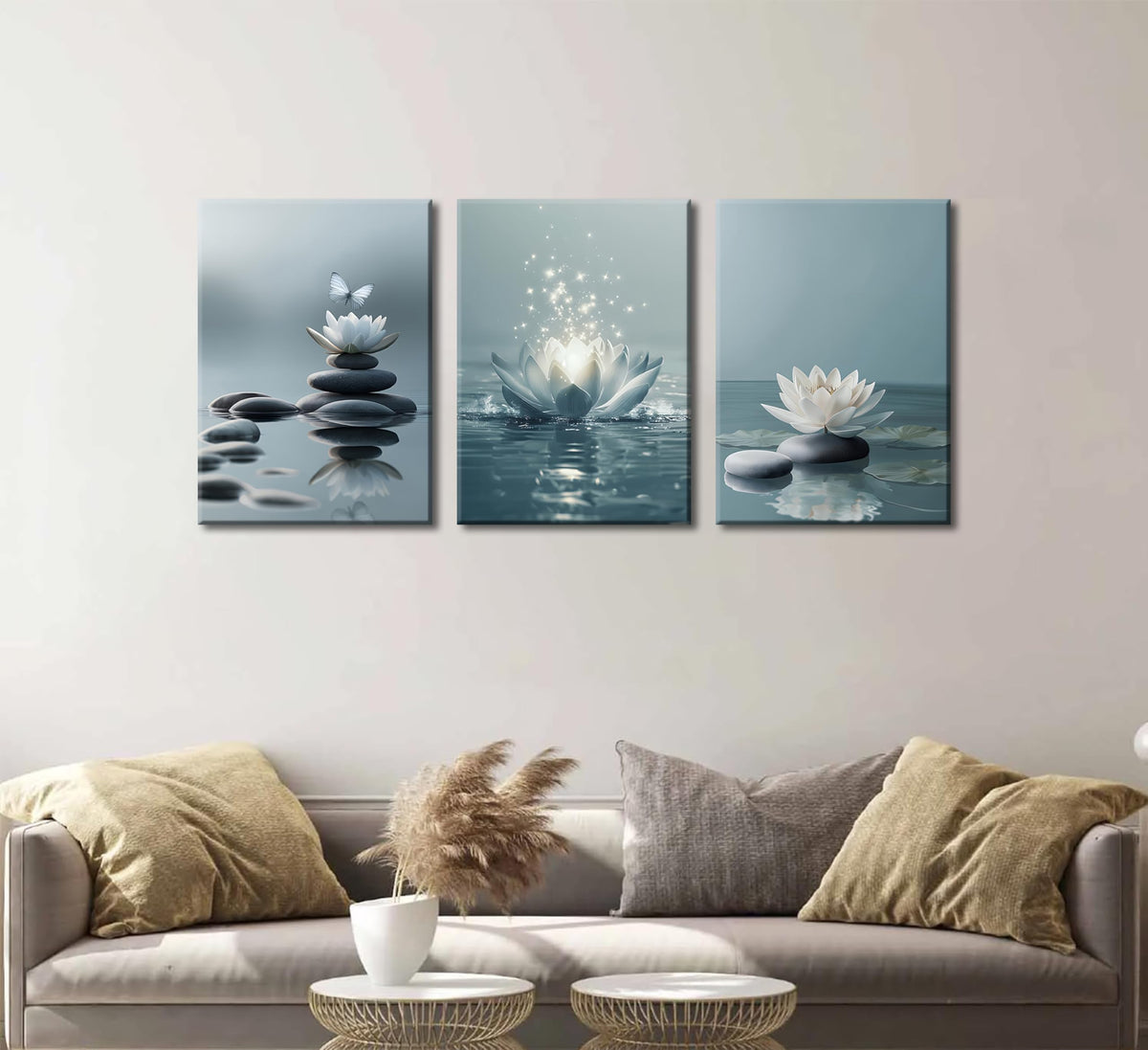 3Pcs Zen Stones Lotus Spa Canvas Wall Art White Lotus Blooming on Stones Painting Picture Wall Decor Modern Spiritual Poster Print Artwork for Yoga Meditation Spiritual Room Bathroom Home Decoration (Canvas / 16L" x 12W")